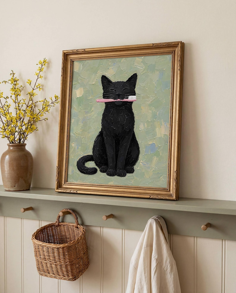 Rolig svart katt väggkonst, tandborstekatttryck, udda badrumsdekor bild 3