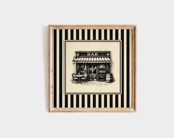 May include: Framed black and white print of a bar with a striped border. The bar has a striped awning, a table with two chairs, and a barrel. The word "BAR" is above the entrance.