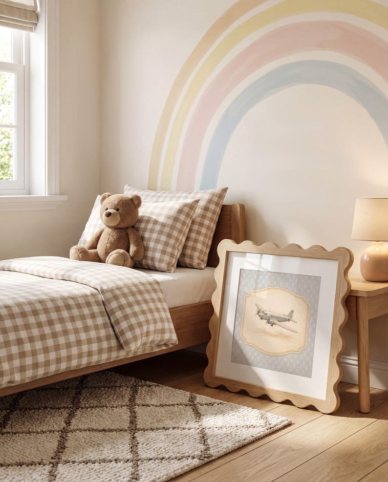 May include: A child's bedroom with a wooden bed, featuring a gingham patterned comforter and pillows. A brown teddy bear sits on the bed. A framed picture of an airplane rests on the floor. A rainbow is painted on the wall.