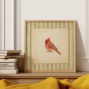 Vintage Cardinal Wall Art, Sage Green Striped Bird Print, Cottagecore Wall Decor image 9