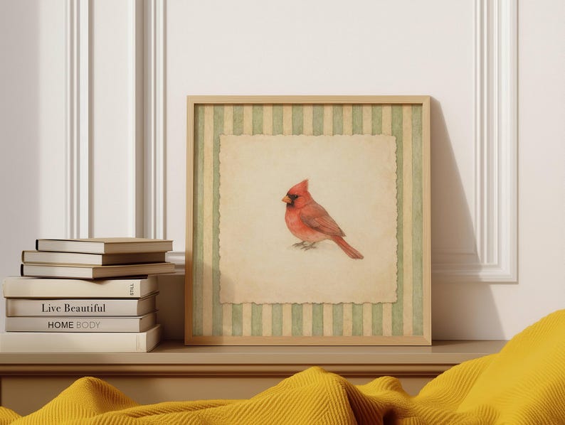 Vintage Cardinal Wall Art, Sage Green Striped Bird Print, Cottagecore Wall Decor image 9