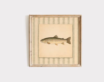May include: Framed vintage-style print featuring a detailed illustration of a fish. The fish is depicted in shades of brown and tan, set against a cream-colored background with a torn edge. The frame has a striped pattern with green lines.