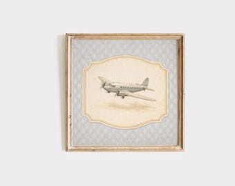 May include: A framed vintage-style print featuring a silver airplane. The plane is centered on a cream-colored, ornate label against a light blue patterned background. The frame is a distressed, light brown color.