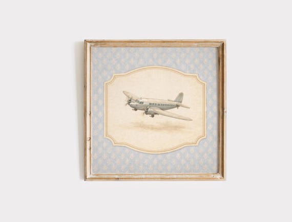 Vintage Airplane Wall Art, Blue Aviation Print, Boys Room Wall Decor