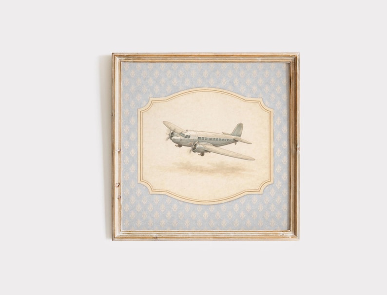 Vintage Airplane Wall Art, Blue Aviation Print, Boys Room Wall Decor image 1