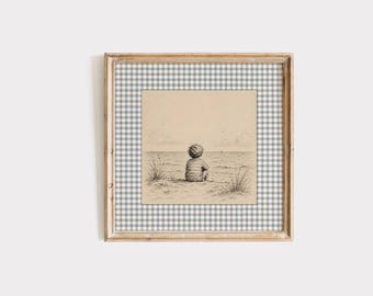 Boys Nursery Wall Art, Boy by the Sea Print, Blue Gingham Coastal Storybook Decor