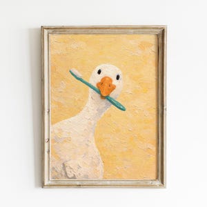 Funny Goose Wall Art, Toothbrush Goose Print, Bathroom Bird Decor, Quirky Animal Poster image 1
