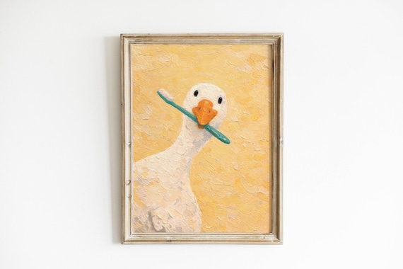 Funny Goose Wall Art, Toothbrush Goose Print, Bathroom Bird Decor, Quirky Animal Poster