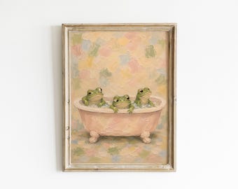 May include: A framed oil painting featuring three green frogs sitting in a light pink clawfoot bathtub filled with white bubbles. The background consists of soft, blended pastel brushstrokes in shades of yellow, pink, blue, and green.