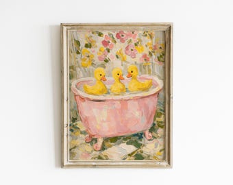 Pastel Rubber Duck Bath Wall Art, Cottagecore Kids Girl Nursery Decor, Whimsical Bathroom Poster