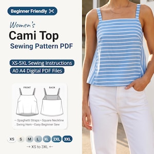 Könnte beinhalten: Ein digitales Schnittmuster für ein Camisole-Top mit hellblau-weißem Streifenmuster, eckigem Ausschnitt, Spaghettiträgern und ausgestelltem Saum. Das Dokument enthält Anleitungen für die Größen XS bis 5XL sowie A0- und A4-Digital-PDF-Dateien.
