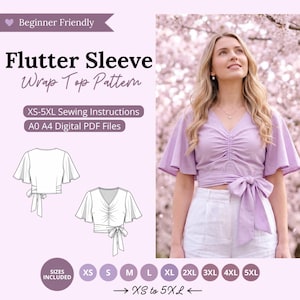 May include: A digital sewing pattern for a flutter sleeve wrap top, featuring text that reads Beginner Friendly, Flutter Sleeve Wrap Top Pattern, XS-5XL Sewing Instructions, and A0 A4 Digital PDF Files, with line art illustrations of the top.