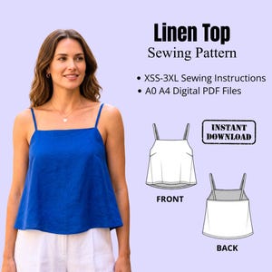 May include: A digital sewing pattern for a blue linen top, featuring text that reads Linen Top Sewing Pattern, XSS-3XL Sewing Instructions, A0 A4 Digital PDF Files, and Instant Download. Includes technical line drawings of the front and back.