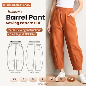 May include: A digital sewing pattern for barrel trousers, featuring text that reads Intermediate Friendly, Barrel Pant Sewing Pattern PDF, XS-3XL Sewing Instructions, and A0 A4 Digital PDF Files. Includes a line drawing of front and back views.