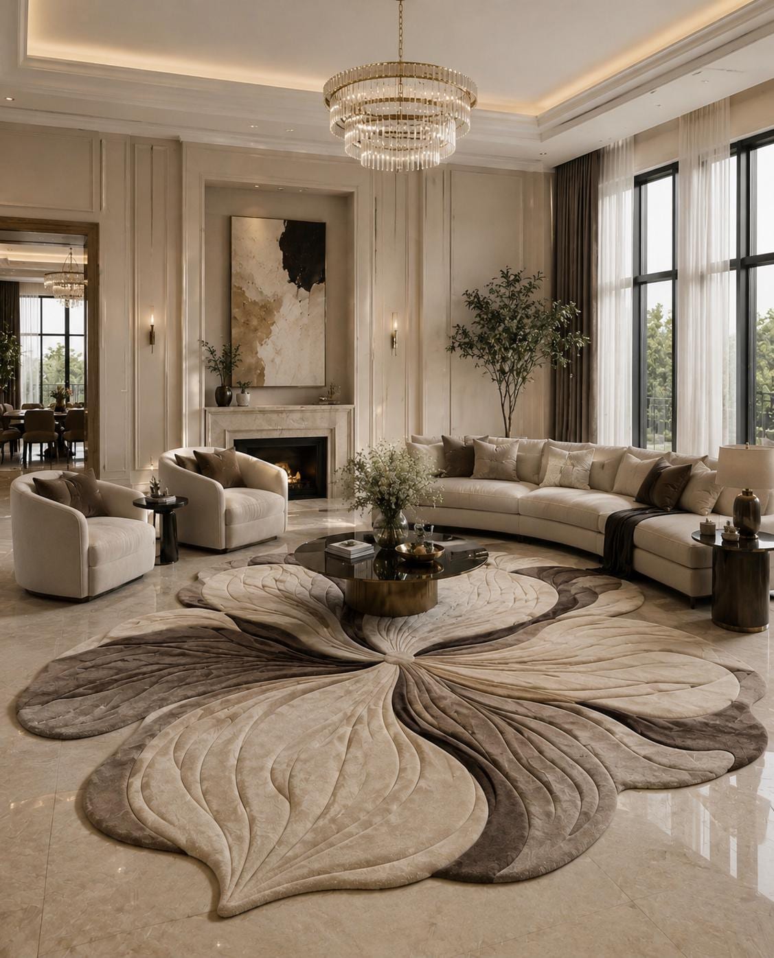Luxury Flower Shape Rug, Hand Tufted Wool Carpet, Irregular Floral Area Rug, Modern Sculpted Rug, Beige Brown Living Room Rug, Custom Rug