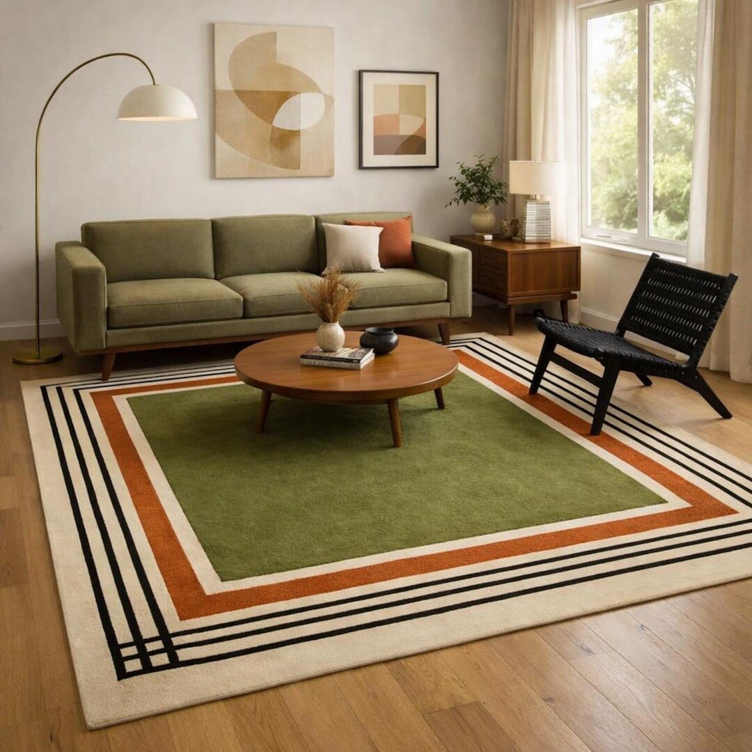 Mid-century Modern Olive Green Area Rug With Geometric Border – Retro ...