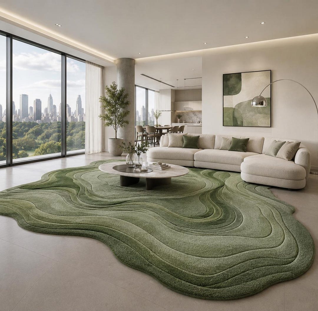 Organic Shape Green Area Rug, Hand Tufted Wool Rug, Luxury Modern ...