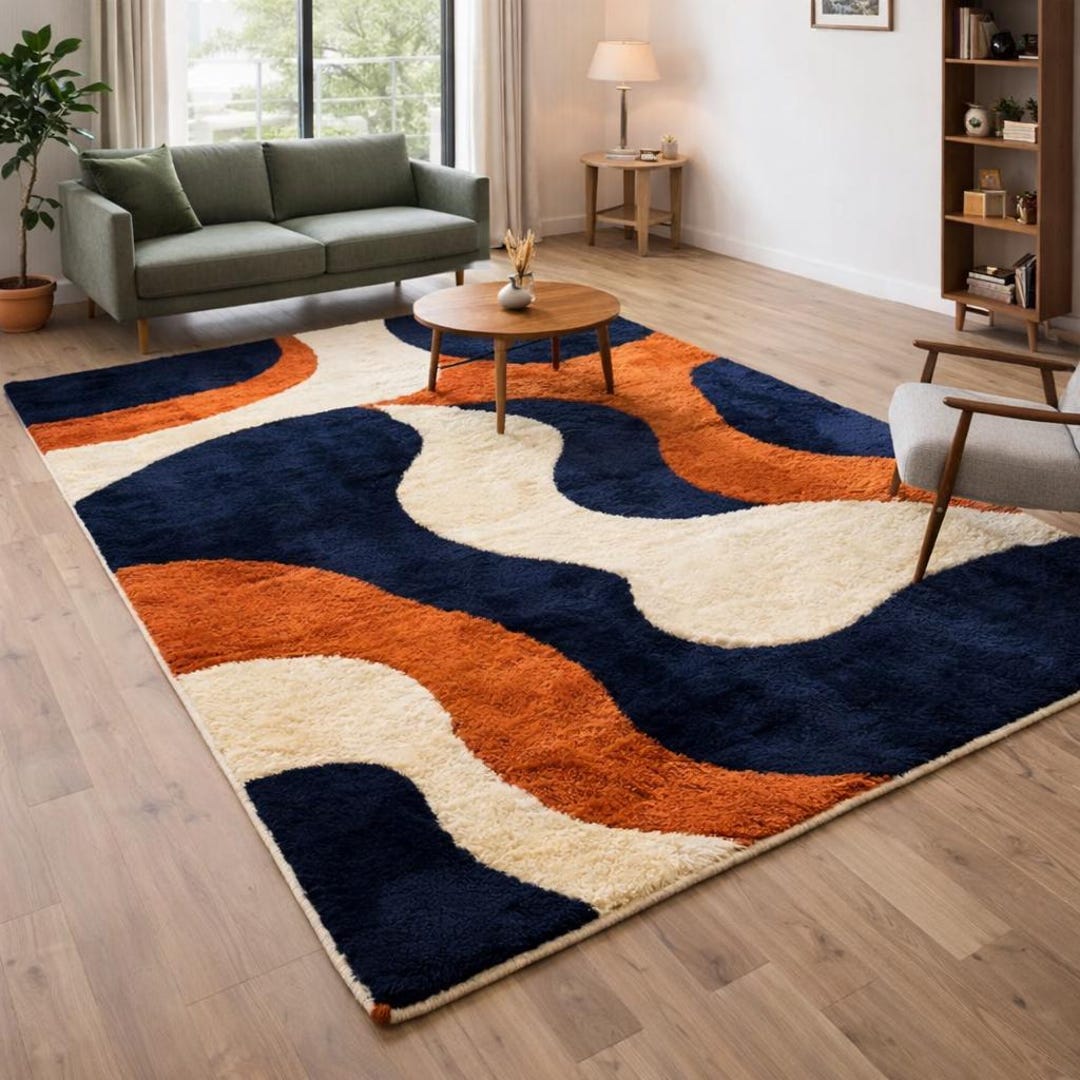 Navy Rust Rug Modern Navy Blue & Rust Hand Tufted Rug Abstract Wave Design New ...