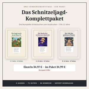 Könnte beinhalten: Ein digitales Schatzsuche-Set mit dem Titel Das Schnitzeljagd-Komplettpaket, bestehend aus drei druckbaren Spielen für Kinder von 5 bis 12 Jahren. Das Paket enthält Die Jagd nach dem Dino-Ei, Die Nacht der verlorenen Sprüche und Der Fall des goldenen Pokals.