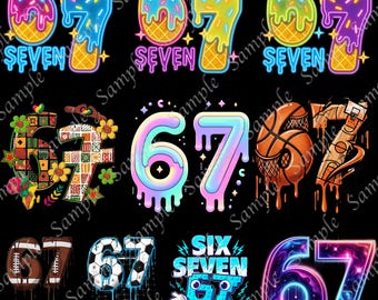 May include: A collection of colorful digital designs featuring the numbers 67, with the words "SIX" and "SEVEN". The designs include ice cream cone styles, basketball, football, soccer ball, and a space-themed design, all on a black background.