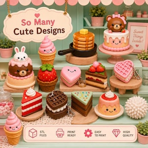 May include: A collection of miniature food-themed figurines including cakes, pancakes in a skillet, ice cream cones, waffles, and heart-shaped treats. A sign at the top reads So Many Cute Designs, and a bottom banner displays STL Files, Print Ready, Easy to Print, and High Quality.