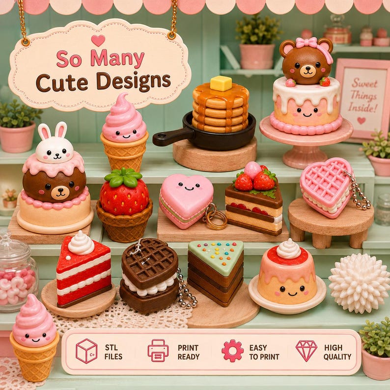 May include: A collection of miniature food-themed figurines including cakes, pancakes in a skillet, ice cream cones, waffles, and heart-shaped treats. A sign at the top reads So Many Cute Designs, and a bottom banner displays STL Files, Print Ready, Easy to Print, and High Quality.