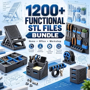 Pode incluir: Um pacote digital de mais de 1200 arquivos STL funcionais para impressão 3D, com designs para organização doméstica, de escritório e de oficina. A imagem mostra um organizador de mesa, um painel de ferramentas, um suporte e gavetas.