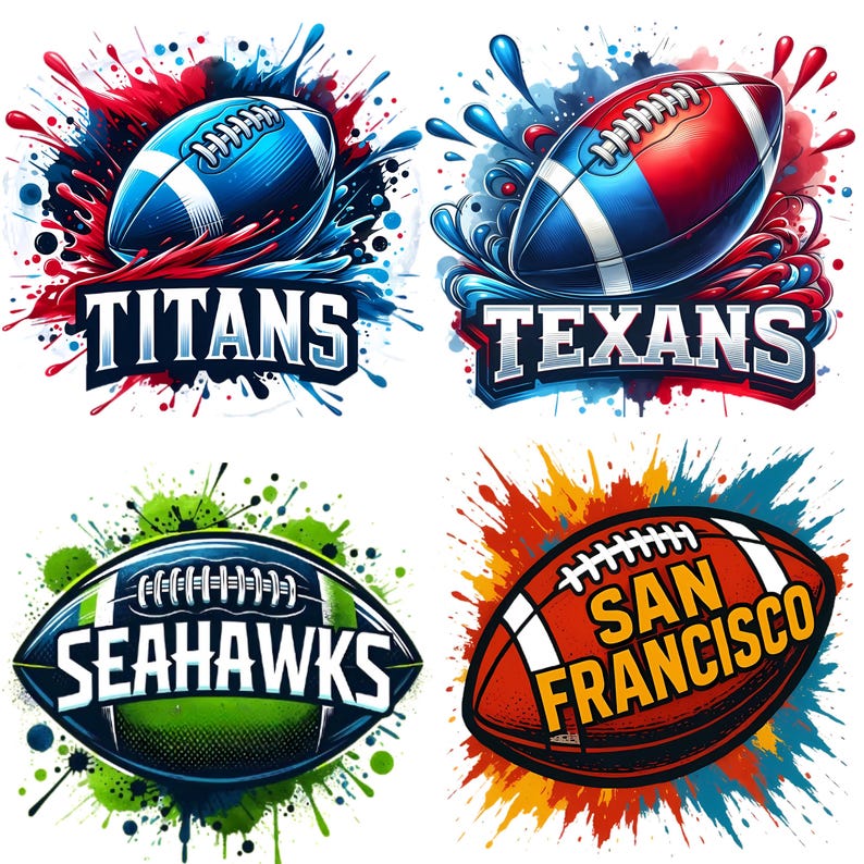 May include: Four colorful American football team logos. The logos feature footballs with team names: Titans, Texans, Seahawks, and San Francisco. Each logo has a unique color scheme and splash effect.