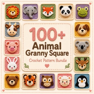 Peut inclure: Une collection de carrés granny au crochet représentant divers visages d'animaux dont un lion, éléphant, renard, panda, grenouille, vache, cochon, lapin, ours, tigre, hibou, mouton, pingouin, chien, koala et cerf, avec le texte 100+ Animal Granny Square Crochet Pattern Bundle.