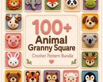 May include: A collection of crochet granny squares featuring various animal faces including a lion, elephant, fox, panda, frog, cow, pig, rabbit, bear, tiger, owl, sheep, penguin, dog, koala, and deer, with text reading 100+ Animal Granny Square Crochet Pattern Bundle.