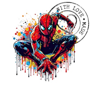 May include: A vibrant illustration of Spider-Man in a crouching pose, rendered in bold red, blue, and black. The artwork features colorful paint splatters and drips, with a circular stamp that reads "MADE WITH LOVE".