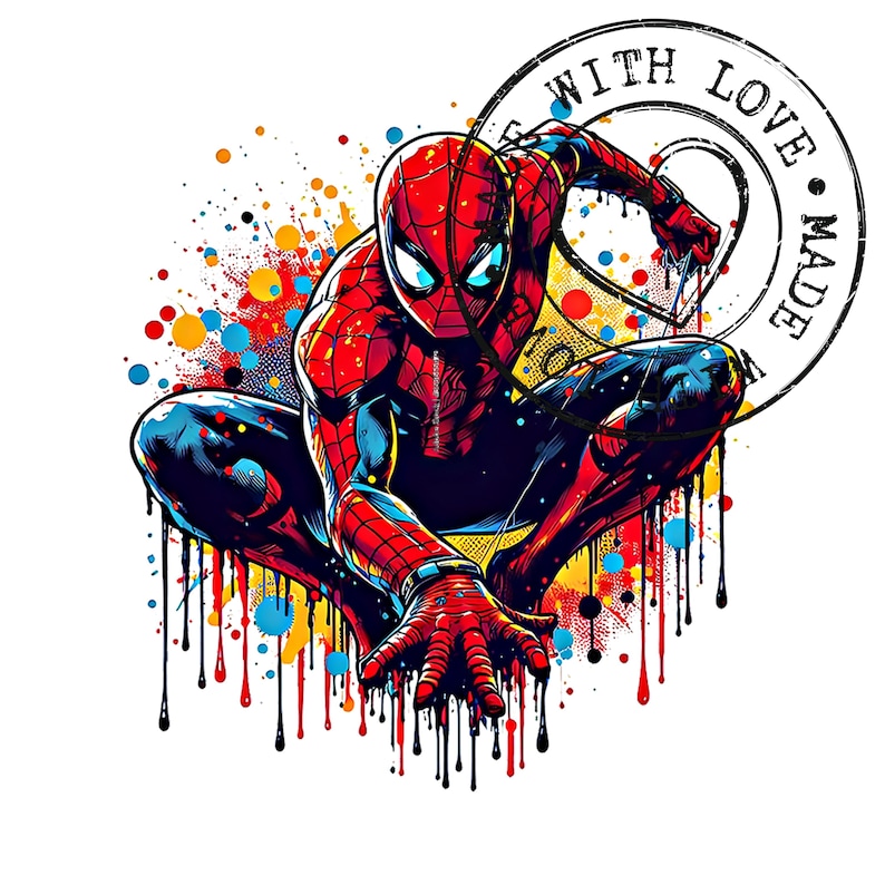 May include: A vibrant illustration of Spider-Man in a crouching pose, rendered in bold red, blue, and black. The artwork features colorful paint splatters and drips, with a circular stamp that reads "MADE WITH LOVE".