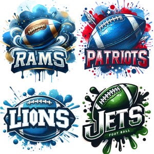 May include: Four watercolor-style illustrations of football team logos. The logos include the Rams, Patriots, Lions, and Jets, each with a football and team name. The designs feature blue, red, green, and gold accents.
