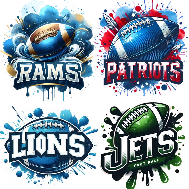May include: Four watercolor-style illustrations of football team logos. The logos include the Rams, Patriots, Lions, and Jets, each with a football and team name. The designs feature blue, red, green, and gold accents.