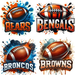 May include: Four digital illustrations of footballs with team names: Bears, Bengals, Broncos, and Browns. Each football is brown with white stripes, set against colorful paint splatter backgrounds. The team names are in bold, outlined fonts.