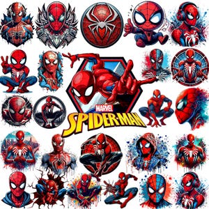 Op de afbeelding: Een verzameling Spider-Man-stickers en -afbeeldingen. De afbeeldingen tonen de superheld in verschillende poses en stijlen, met levendige rode, blauwe en zwarte kleurenschema's. Het Marvel Spider-Man-logo is ook aanwezig.