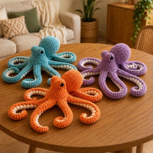 Peut inclure: Trois peluches pieuvre crochetées à la main en bleu vif, orange éclatant et violet doux. Chaque pieuvre présente une tête arrondie, huit tentacules recourbés et de petits yeux en perles noires. Le dessous de chaque tentacule est blanc et texturé.