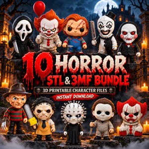 May include: A collection of 10 horror character figurines featuring stylized designs of iconic movie villains. The text reads 10 HORROR STL & 3MF BUNDLE, 3D PRINTABLE CHARACTER FILES, and INSTANT DOWNLOAD. The figures include various weapons and costumes.