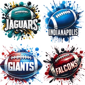 May include: Four colorful illustrations of American footballs with team names. The top left shows a teal football with "JAGUARS". The top right shows a blue football with "INDIANAPOLIS". The bottom left shows a red and blue football with "GIANTS". The bottom right shows a red football with "FALCONS".