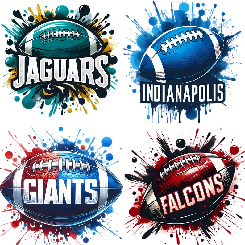 May include: Four colorful illustrations of American footballs with team names. The top left shows a teal football with "JAGUARS". The top right shows a blue football with "INDIANAPOLIS". The bottom left shows a red and blue football with "GIANTS". The bottom right shows a red football with "FALCONS".