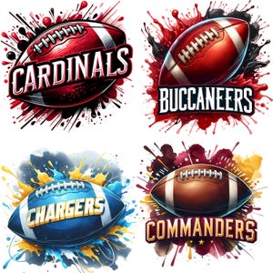 May include: Four digital illustrations of footballs with team names. The Cardinals football is red with white stripes, the Buccaneers football is red with white stripes, the Chargers football is blue with white stripes, and the Commanders football is brown with white stripes.