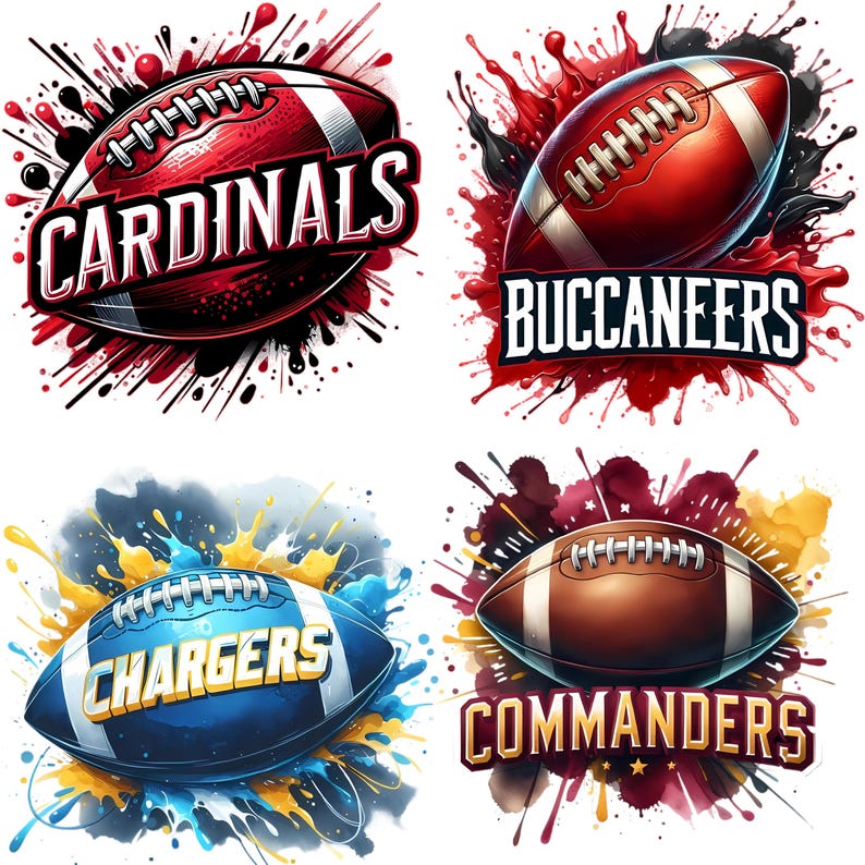 May include: Four digital illustrations of footballs with team names. The Cardinals football is red with white stripes, the Buccaneers football is red with white stripes, the Chargers football is blue with white stripes, and the Commanders football is brown with white stripes.
