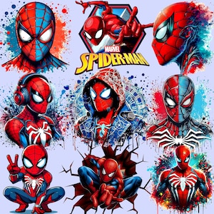 May include: A collection of vibrant illustrations featuring Spider-Man in various poses and styles. The artwork showcases the character's iconic red and blue suit, with dynamic action poses and artistic backgrounds. The Marvel Spider-Man logo is also present.