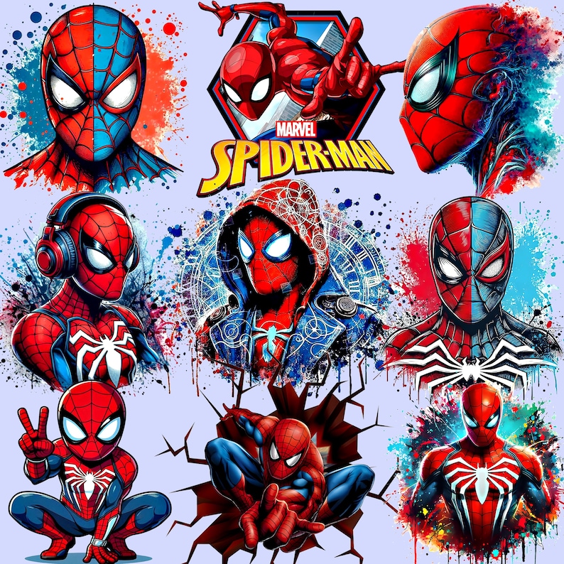 May include: A collection of vibrant illustrations featuring Spider-Man in various poses and styles. The artwork showcases the character's iconic red and blue suit, with dynamic action poses and artistic backgrounds. The Marvel Spider-Man logo is also present.