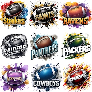 May include: Nine colourful illustrations of American footballs, each with a team name. The footballs are in various colours, including black, brown, green, purple, and blue, with team names like Steelers, Saints, Ravens, Raiders, Panthers, Packers, Minnesota, Cowboys, and Chiefs.