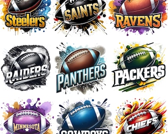 May include: Nine colorful illustrations of American footballs, each with a team name. The footballs are in various colors, including black, brown, green, purple, and blue, with team names like Steelers, Saints, Ravens, Raiders, Panthers, Packers, Minnesota, Cowboys, and Chiefs.
