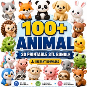 May include: A digital collection of 100+ animal 3D printable STL files featuring various cartoon-style creatures including a cat, fox, panda, dog, rabbit, hedgehog, bear, dinosaur, chick, unicorn, pig, sheep, axolotl, elephant, frog, penguin, raccoon, sloth, and deer.