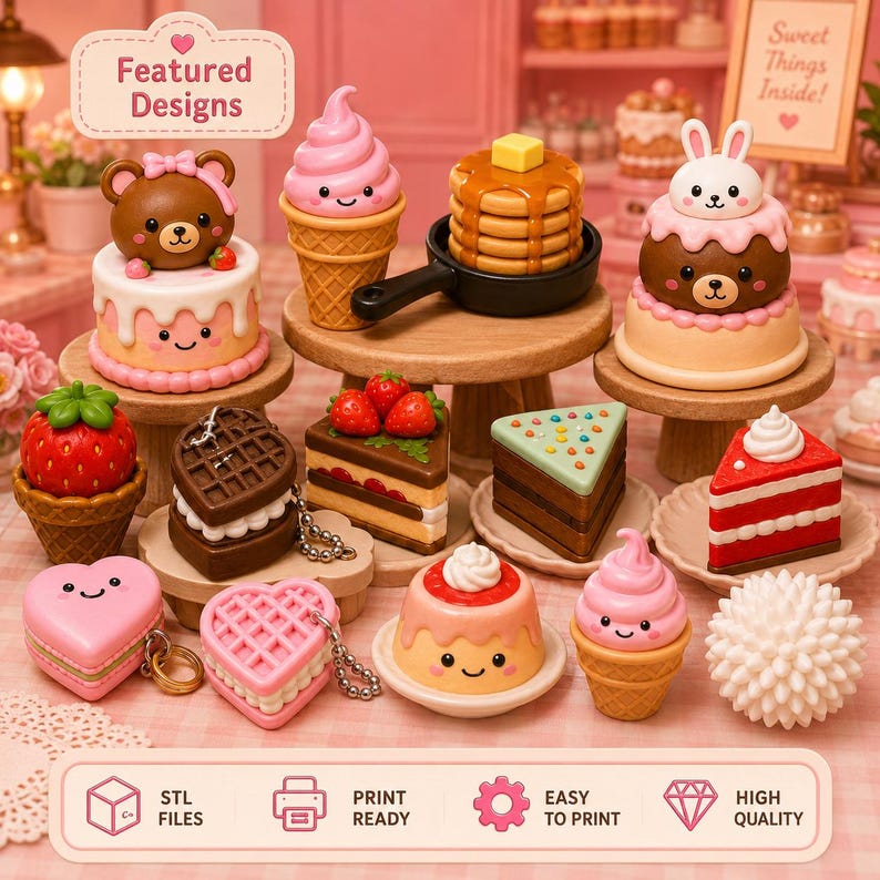 May include: A collection of miniature food-themed figurines including cakes, ice cream cones, pancakes in a skillet, and heart-shaped waffles. The items feature smiling faces, pastel colors, and detailed textures. Text includes Featured Designs and Sweet Things Inside.