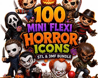 100 Mini Flexi Horror Icons STL & 3MF Bundle| Articulated Fidget Toys print-in-place Figures and keychains | Halloween 3D Print Files