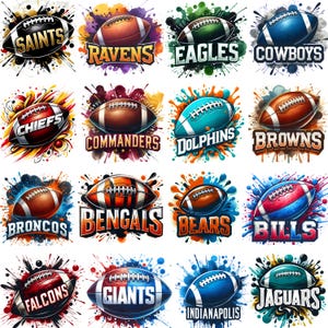 May include: A collection of 16 digital illustrations featuring American footballs with team names. Each football is depicted with vibrant colors and surrounded by paint splatter effects. Team names include Saints, Ravens, Eagles, and Cowboys.